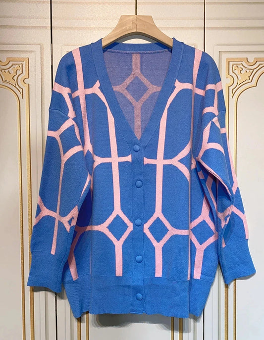 Women's Casual Oversized Cardigan Knitted Fall V-neck Lantern Long Sleeve Single-breasted Printed Knit Blue