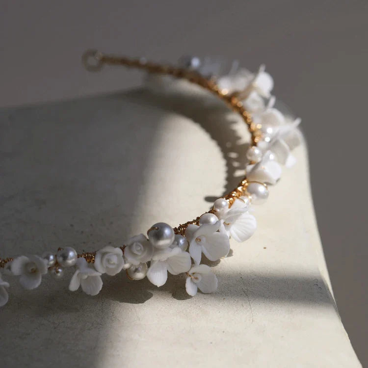 Porcelain Flower Headband Hairband Pearl Headpiece For Brides Women Headdress Headwear Wedding Hair Accessories Bridal Jewelry