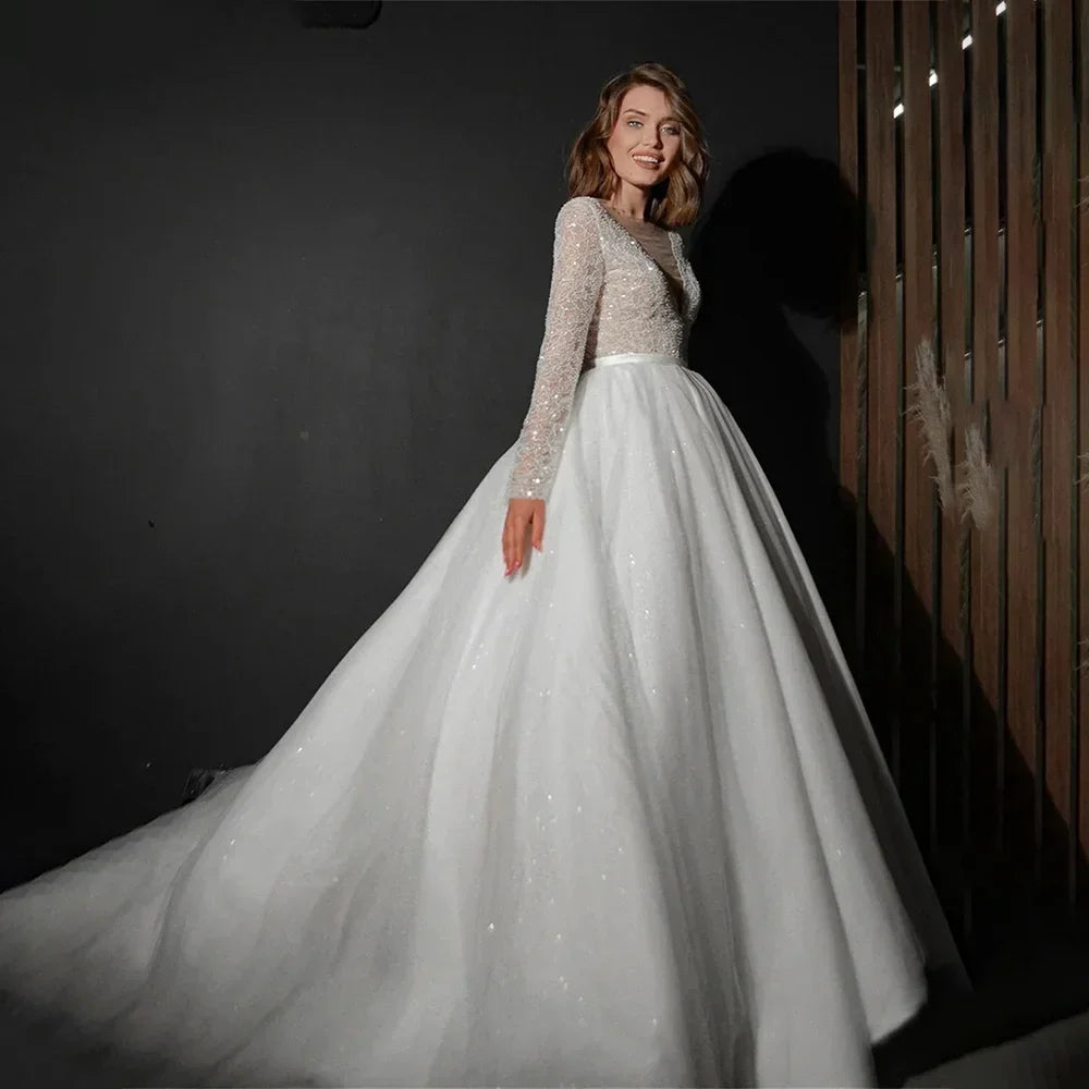 customized Sexy Deep V-neck Wedding Dress Romantic Long-sleeved Bride Gown Elegant Sequined A-Line Bride Gown Vestidos De Novia