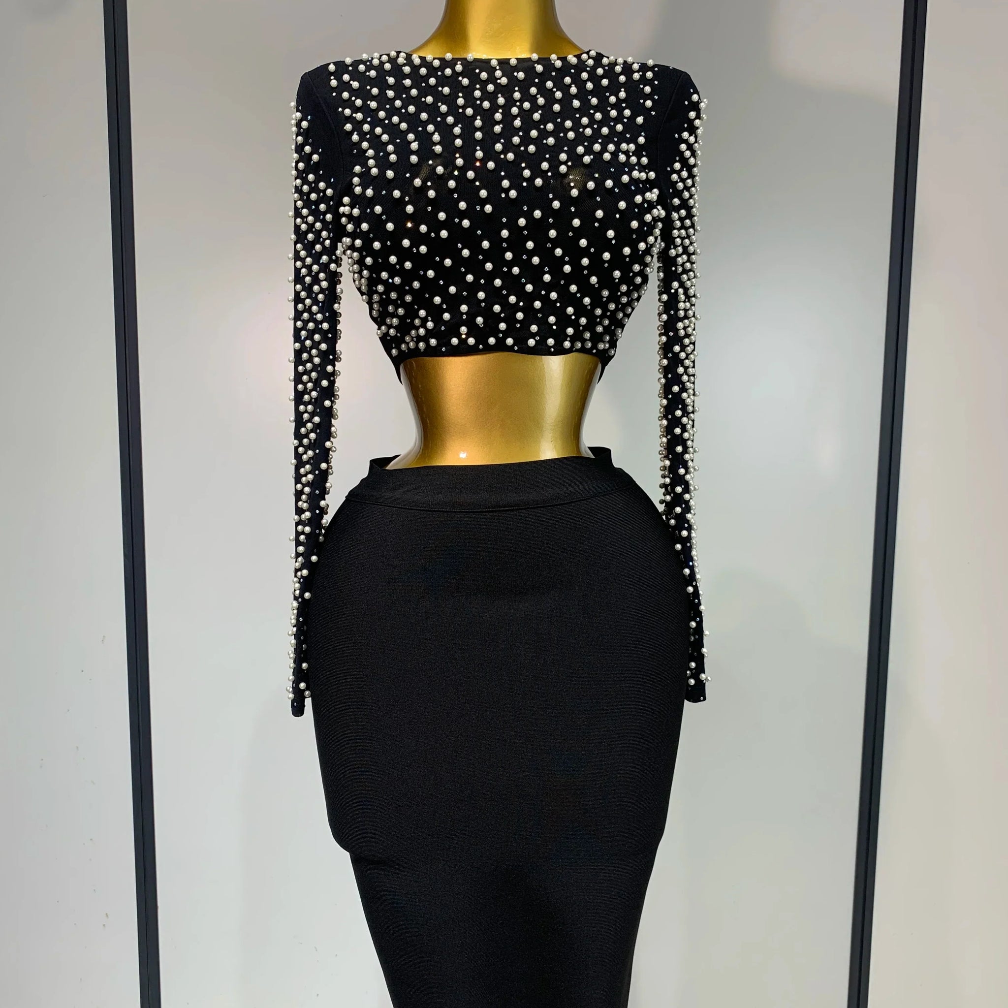 Women Sexy Long Sleeve Mesh Pearl Black Top Celebrity Midi Women Bandage Set Designer Evening Party Birthday Two Piece Set black