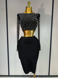 Women Sexy Long Sleeve Mesh Pearl Top Celebrity Midi Women Bandage Set Designer Evening Party Luxury Birthday Two Piece Set black