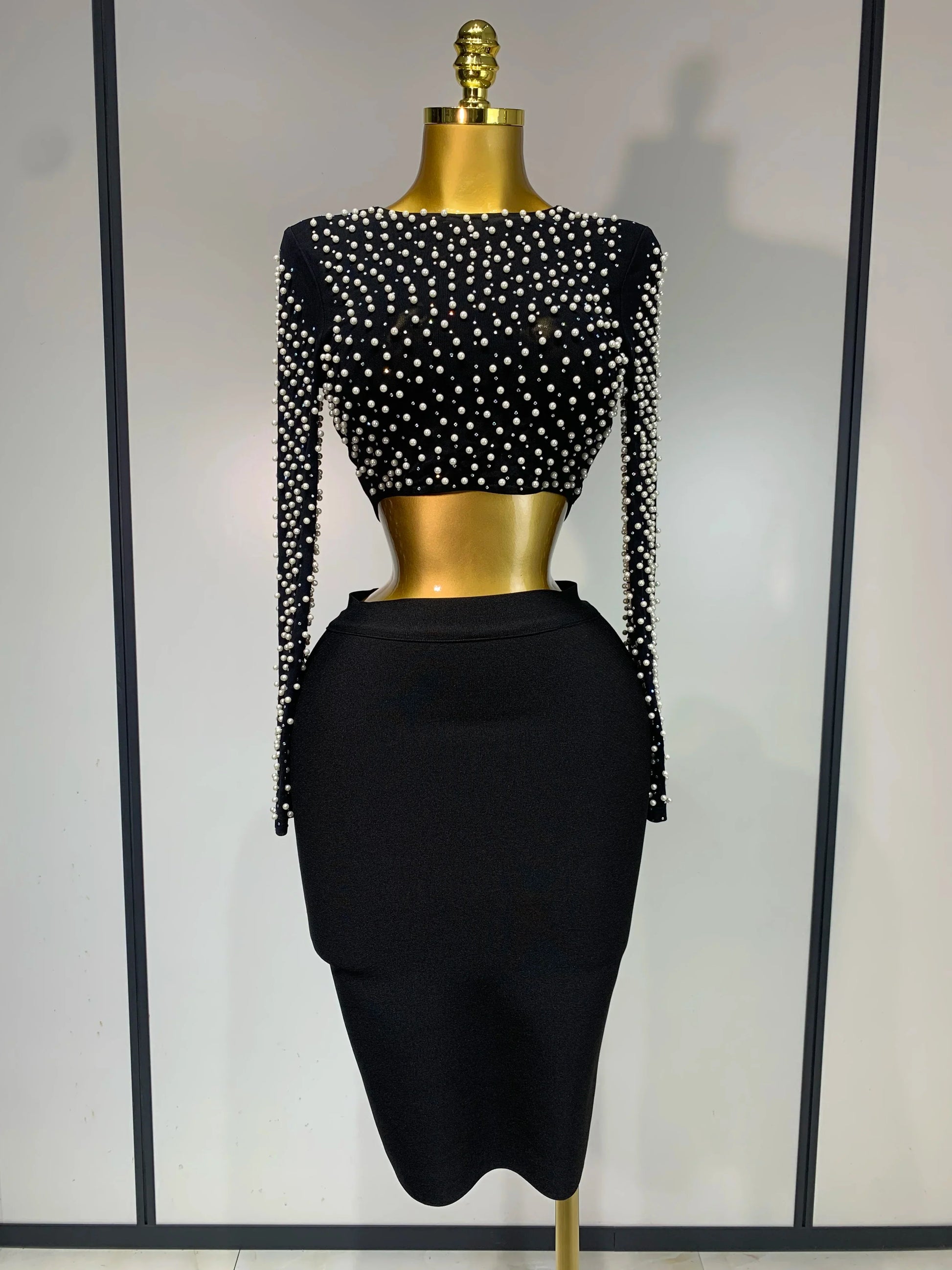 Women Sexy Long Sleeve Mesh Pearl Top Celebrity Midi Women Bandage Set Designer Evening Party Luxury Birthday Two Piece Set black