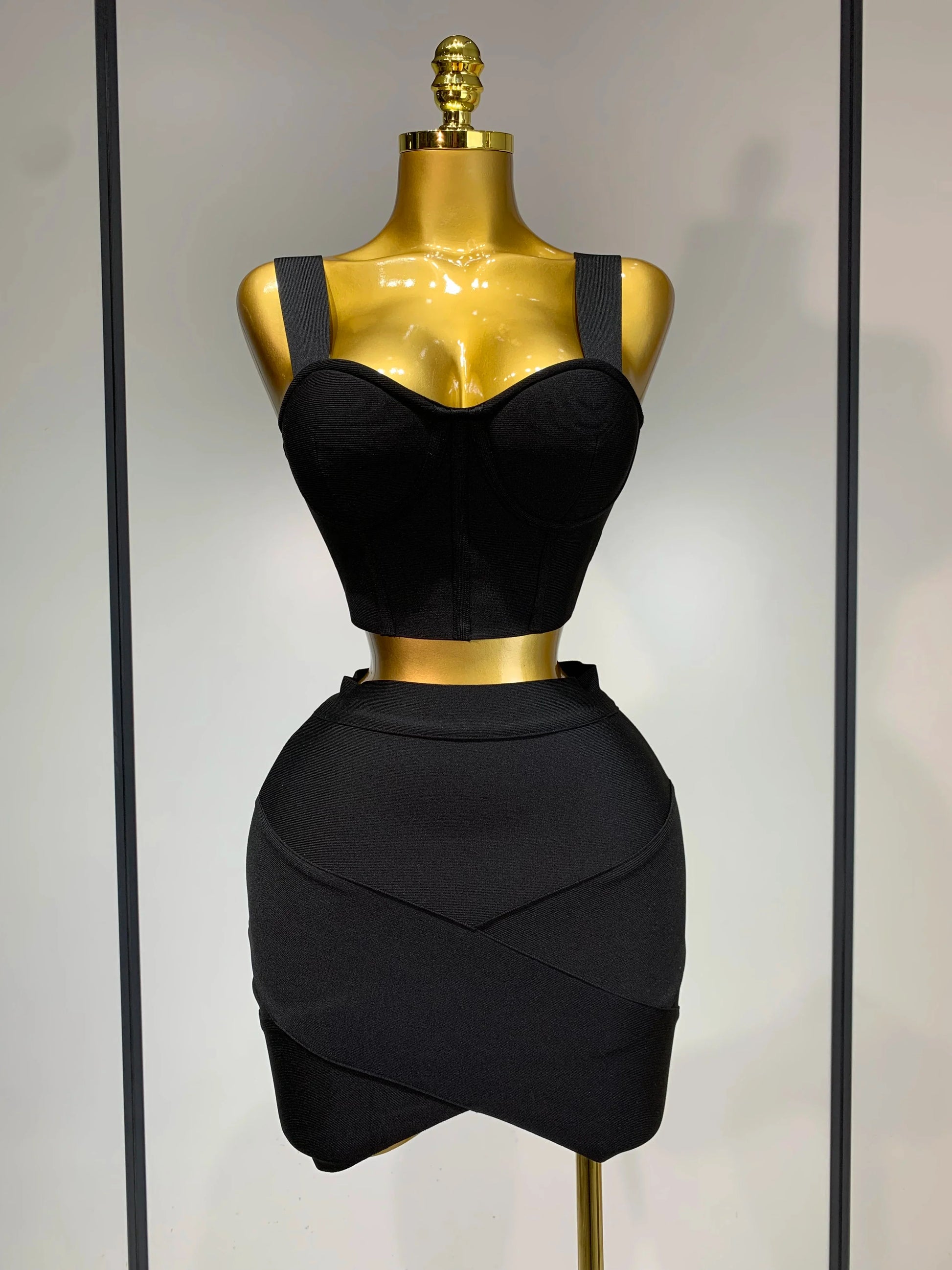 Women Sexy Top Short Skirt Bodycon Bandage Two Pieces Sets White Black Evening Party Luxury Birthday Outfit Nightclub Suits black