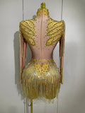 Sparkly Rhinestone Sequin Tassel Stretch Bodysuits Women Birthday Party Nightclub Dj Stage Performance Costume