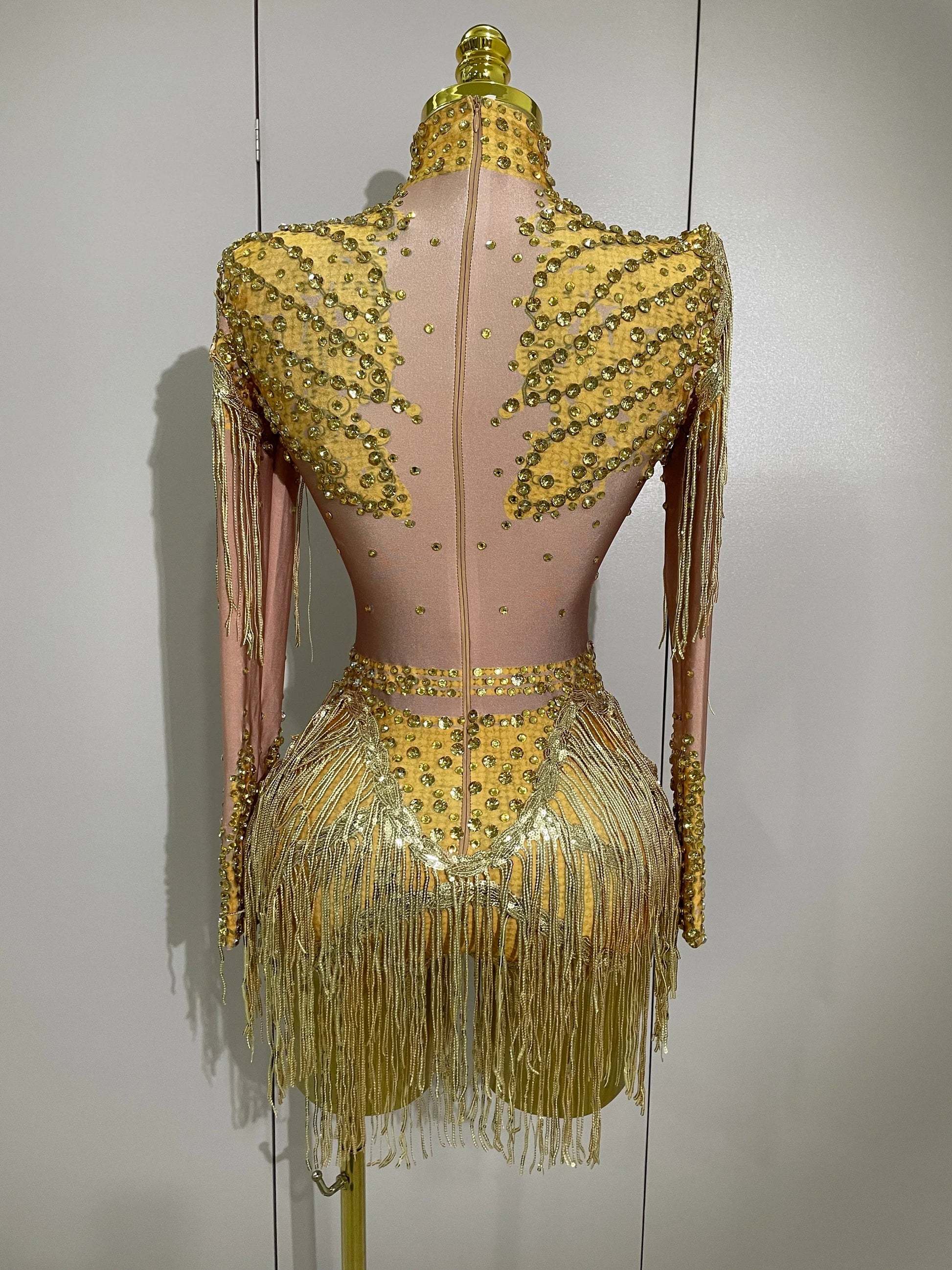Sparkly Rhinestone Sequin Tassel Stretch Bodysuits Women Birthday Party Nightclub Dj Stage Performance Costume
