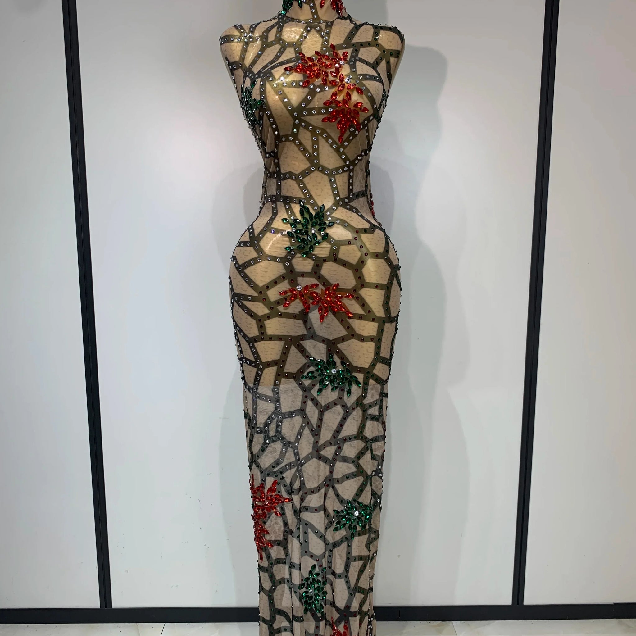 Women Sexy Mesh See Through Sparkly Rhinestone Long Maxi Dress Luxury Birthday Evening Party Prom Gowns Singer Stage Costume MULTI