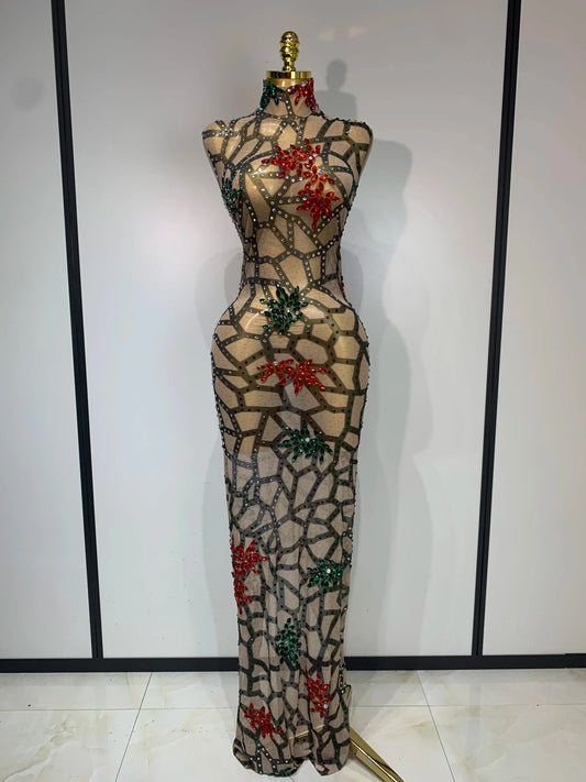 Women Sexy Mesh See Through Sparkly Rhinestone Long Maxi Dress Luxury Birthday Evening Party Prom Gowns Singer Stage Costume MULTI