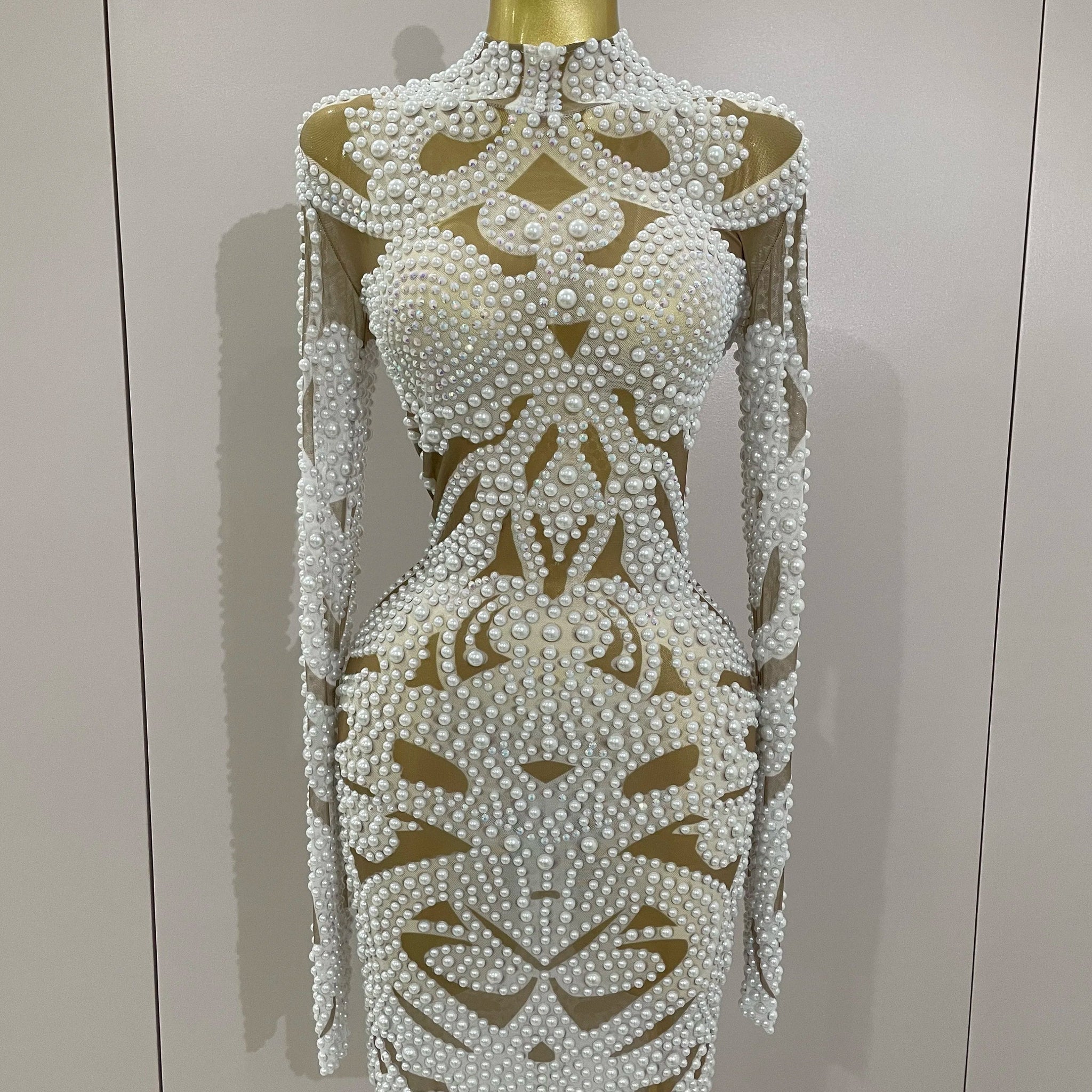 High-end Elegant Evening Gown AB Rhinestones Pearls Luxury Long Sleeves Mesh Dress Women Cocktail party Wedding Costume WHITE