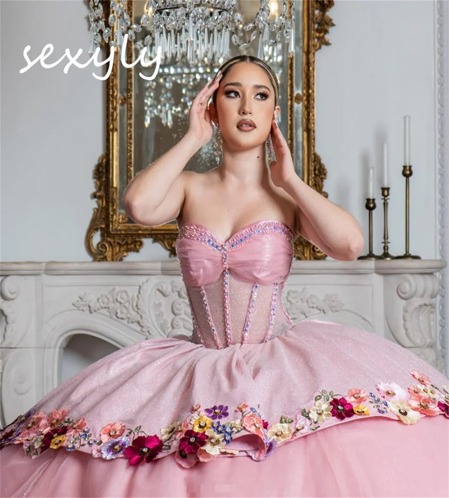 Pink Quinceanera Dress Charro Sweetheart Ball Gown Flower Vestio De 15 Xv Anos Sixteen Masquerade Sequined Savistidos Customized