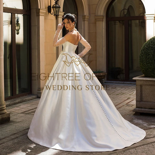 White A-Line Wedding Dresses Strapless Pearls Backless Satin Bridal Dress Formal Wedding Ball Prom Gowns Customized