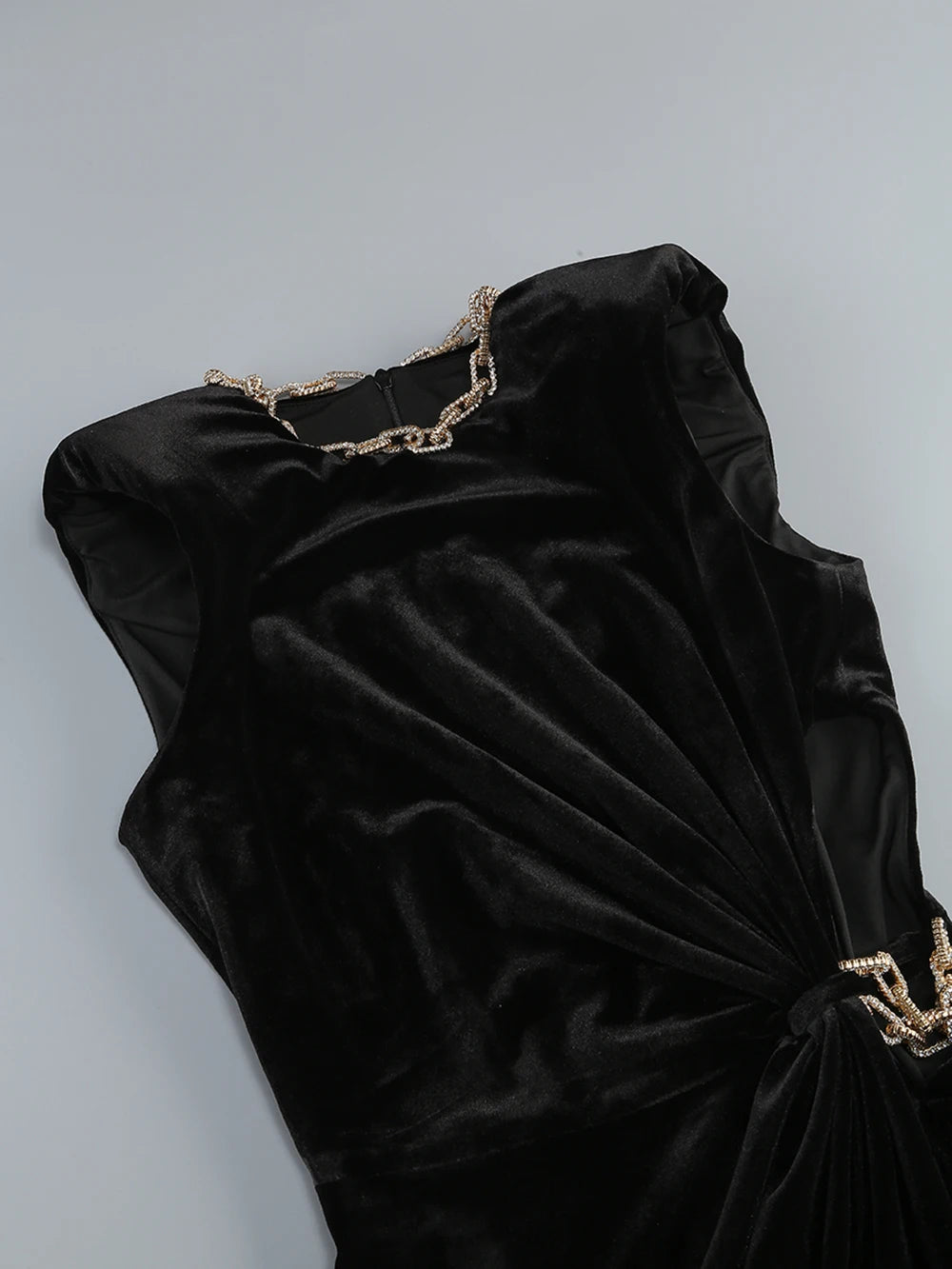 Elegant Diamond Chain High Waist hollow out Velvet Long Dress Women Sleeveless Shoulder Pad Dresses Female Evening Dresses Lady