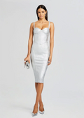 Foil Silver Color Women Sleeveless Sexy Strap Square Collar Bodycon Midi Bandage Dress Celebrate Nightclub Party Dress Vestido