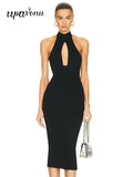 Sexy Women Hanging Neck Sleeveless Bandage Dress Bodycon Off Back Knee Black Dress Celebrity Cocktail Evening Party Vestido