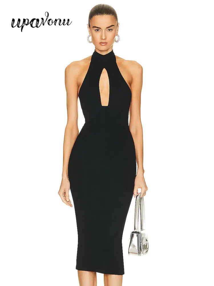 Sexy Women Hanging Neck Sleeveless Bandage Dress Bodycon Off Back Knee Black Dress Celebrity Cocktail Evening Party Vestido