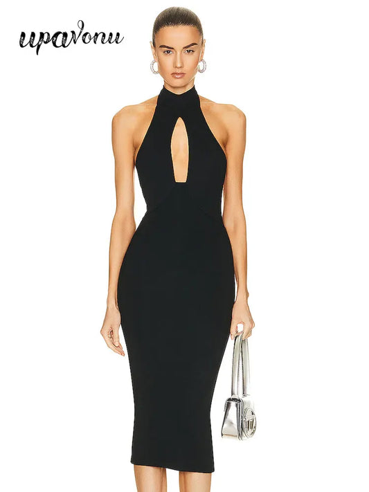 Sexy Women Hanging Neck Sleeveless Bandage Dress Bodycon Off Back Knee Black Dress Celebrity Cocktail Evening Party Vestido