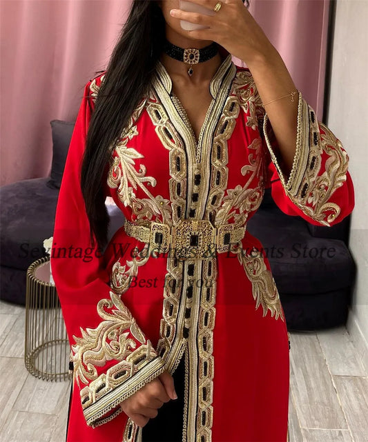 Elegant Arabic Mermaid Evening Dress V-Neck Lace Appliques Prom Gown High Mid Slit Floor Length Algerian Outfit
