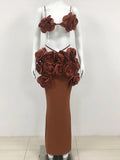 Sexy Women'S Three-Dimensional Flower Bandage Long Dress Set Spaghetti Strap Sleeveless Ultra Short Vest + Skirt Two-Piece Set Brown