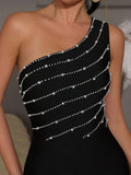 Elegant Women Nail Bead Design Bandage Dress One Shoulder Sleeveless Bodycon Long Dress Cocktail Evening Club Party Vestido
