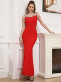 Elegant Women's Spaghetti Strap Nail Diamond Design Bandage Dress Bodycon Backless Long Dress Fashion Dinner Party Vestidos Red