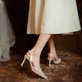 Luxury Pearls Rhinestones Satin Air Mesh Women Pumps Summer Elegant Pointed toe Slingbacks Thin High heels Wedding Party Shoes