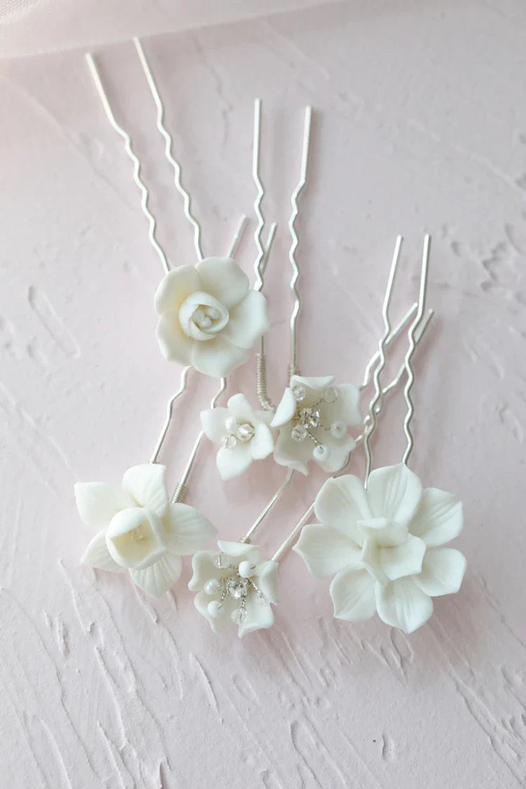 Wedding Accessories Silver Color Head Pieces Women Hair Pin Clip For Brides Girl Party Porcelain Flower Hairpin Bridal Jewelry