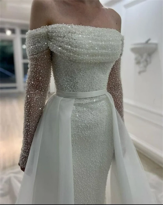 Bella Glitter فساتين السهرة 2024 Off Shoulder Prom Dresses Elegant Detachable Long Train Long Sleeves Sequins Wedding Dress 2024