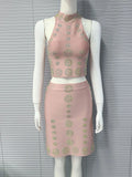 Sexy Women's Hot Diamond Top+Bandage Short Skirt Sets O-neck Sleeveless Short Tank Top+High Waist Short Skirt Two Piece Set Khaki