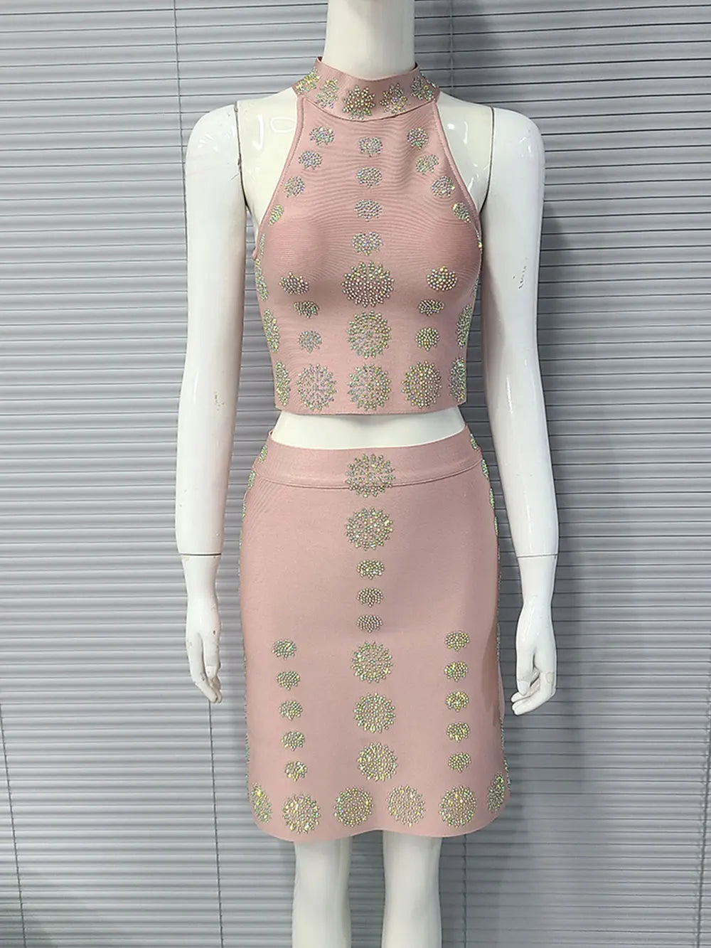 Sexy Women's Hot Diamond Top+Bandage Short Skirt Sets O-neck Sleeveless Short Tank Top+High Waist Short Skirt Two Piece Set Khaki