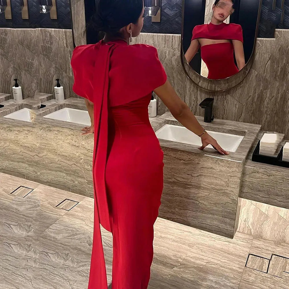 Vestidos de noche árabes de crepé rojo para mujer, vestido para ocasio