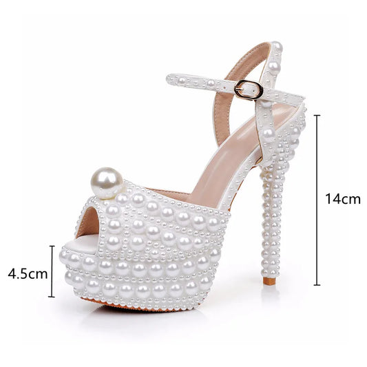 Luxury Full Pearls Beaded Peep toe Women Gladiator Sandals Fashion Summer Platform Wedges 14cm High heels Wedding Party Shoes
