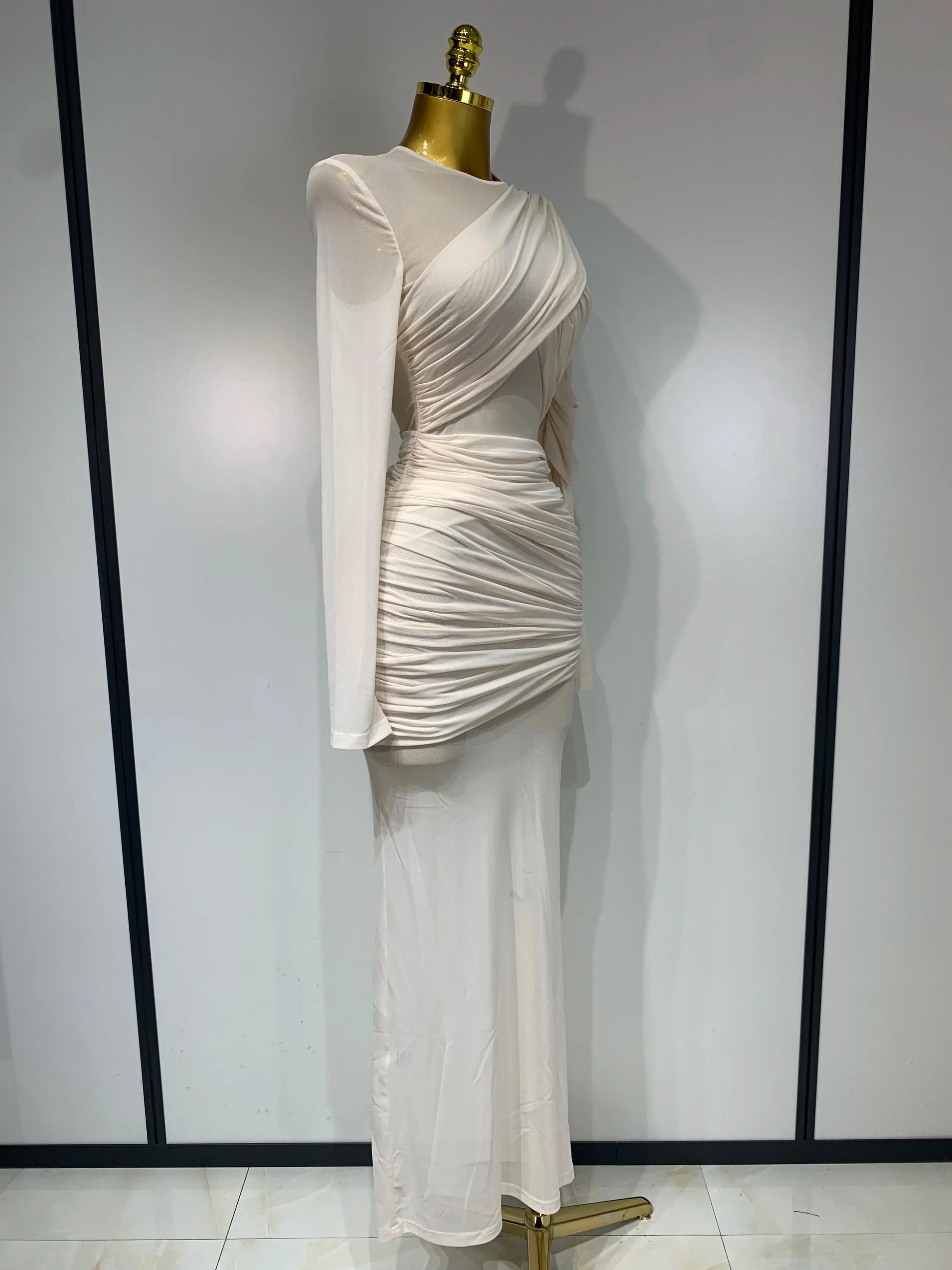 Elegant Mesh Fold Long Sleeve Bodycon Dress Women Evening Party Club Sexy Perspective Fashion Luxury Birthday Dresses