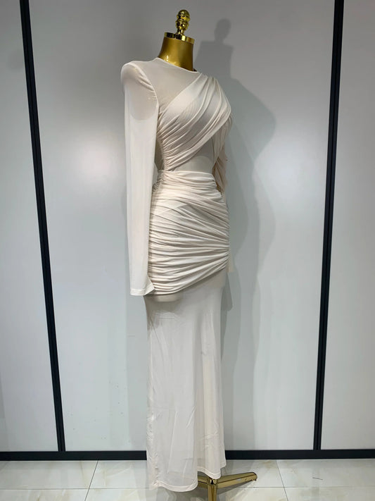 Elegant Mesh Fold Long Sleeve Bodycon Dress Women Evening Party Club Sexy Perspective Fashion Luxury Birthday Dresses