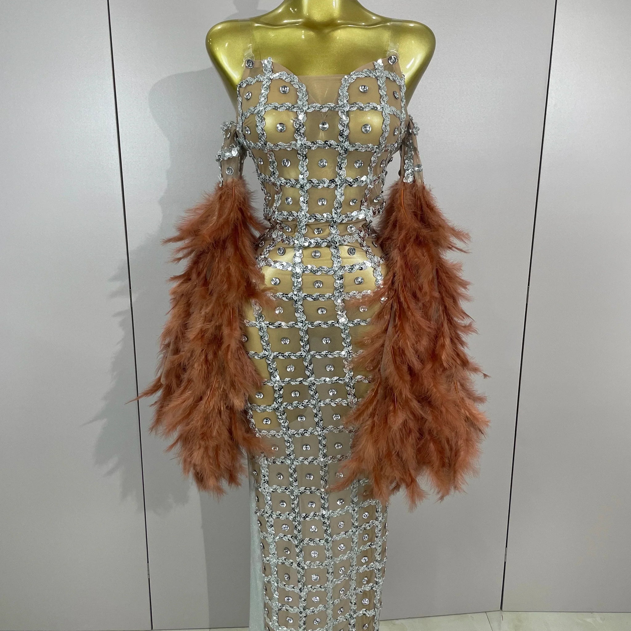 Luxury Sparkling Diamond Feather Mesh Tight Sexy Mesh Long Dress Women Birthday Party Nightclub Stage Performance Costume Silver