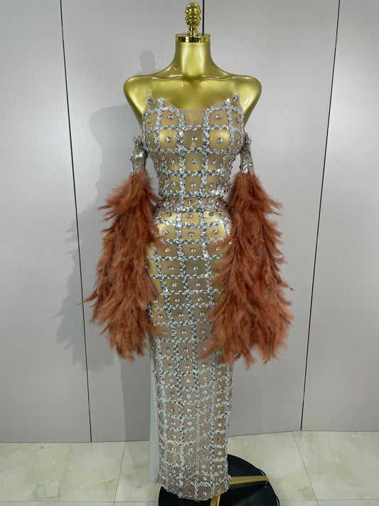 Luxury Sparkling Diamond Feather Mesh Tight Sexy Mesh Long Dress Women Birthday Party Nightclub Stage Performance Costume Silver