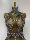 Sparkly Colorful Rhinestones Crystals Leotard Luxury Birthday Celebrate Sexy Outfit Sleeveless Mesh Bodysuit Stage Costume