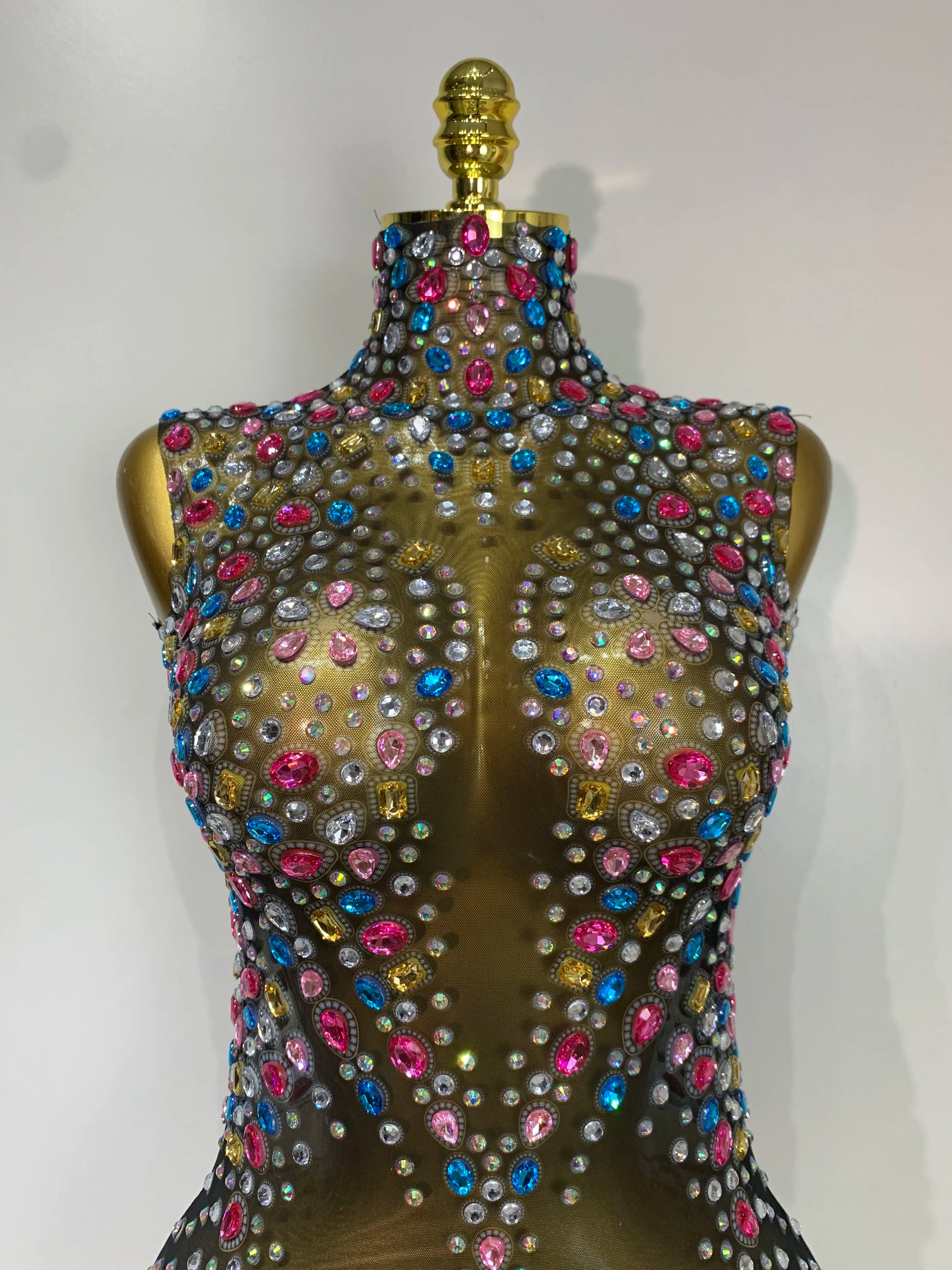 Sparkly Colorful Rhinestones Crystals Leotard Luxury Birthday Celebrate Sexy Outfit Sleeveless Mesh Bodysuit Stage Costume