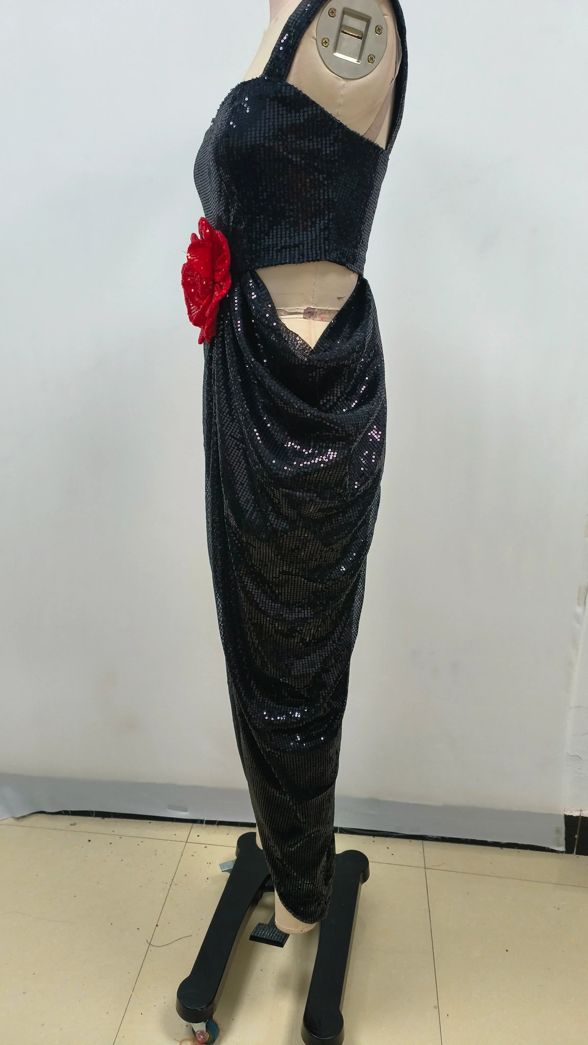 Shinning Black Sequins Women Sleeveless Sexy Square Collar Bodycon Long Dress Nightclub Party Celebrate Singer Stage Wear