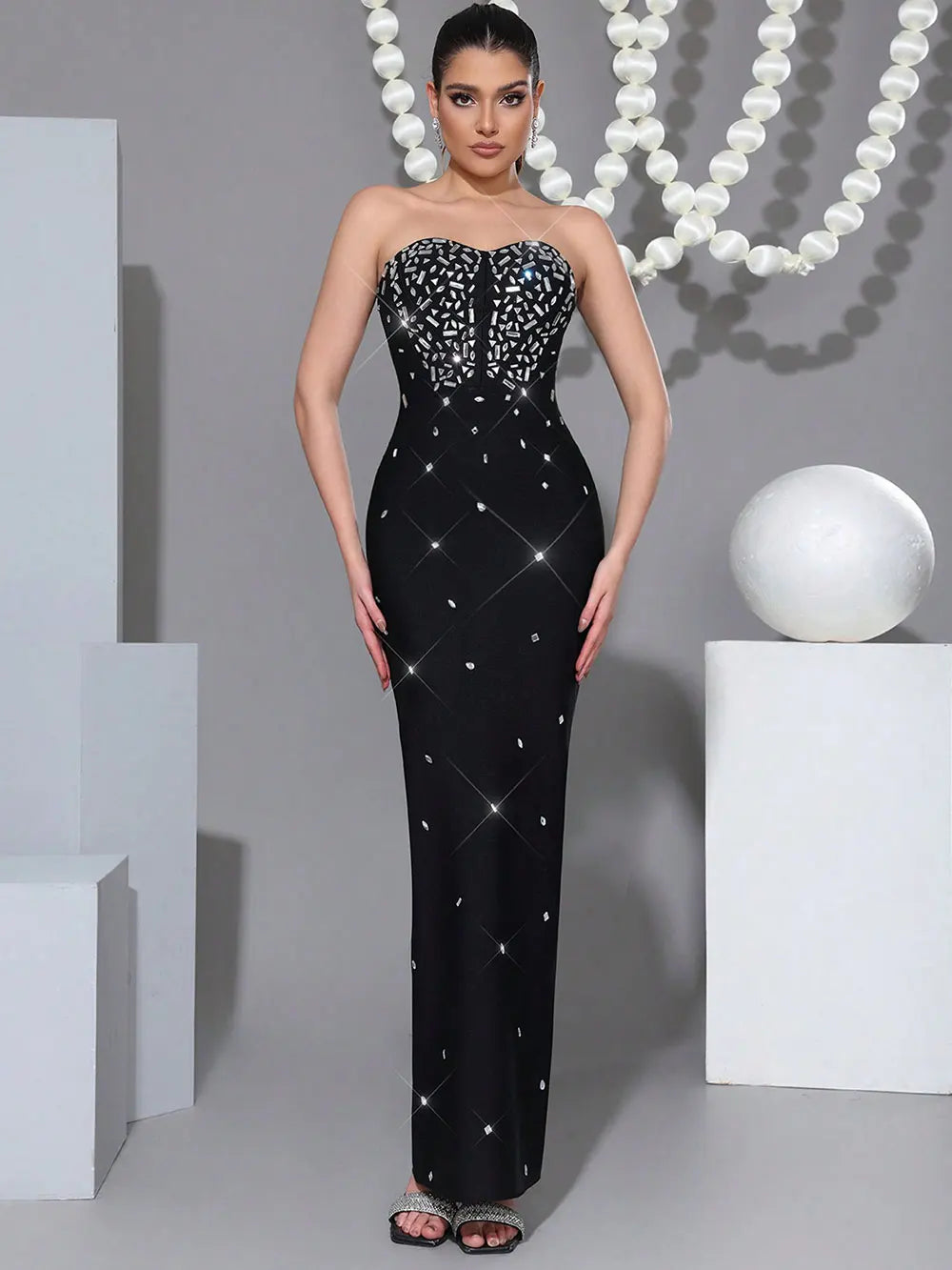 Sexy Women's Nail Bead Design Bandage Dress Strapless Sleeveless Bodycon Backless Long Dress Cocktail Dinner Dress Vestitos black