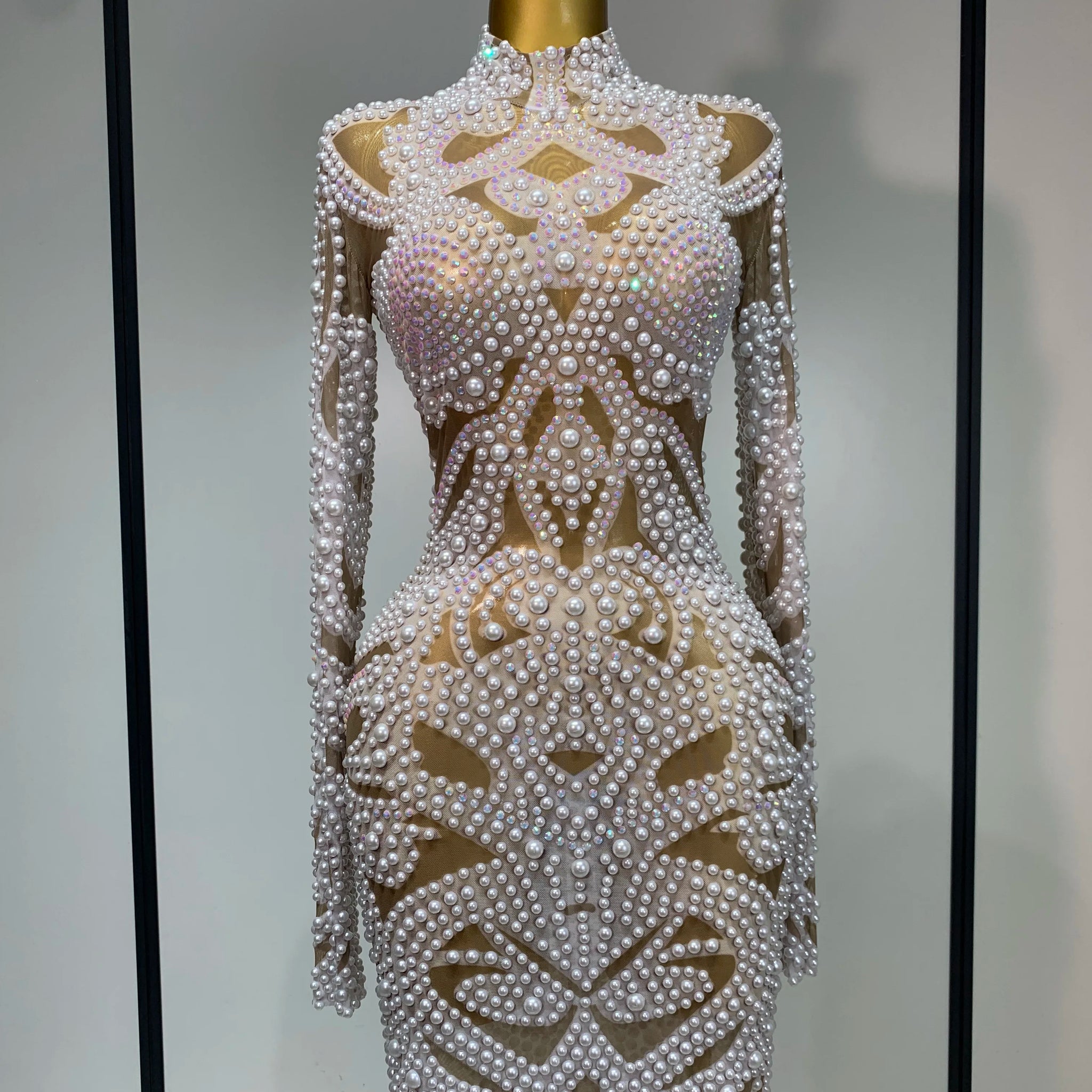 High Quality Women Sexy Rhinestone Pearl Mesh Transparent Dress Birthday Celebrate Dress Evening Party Dance Performance Costume