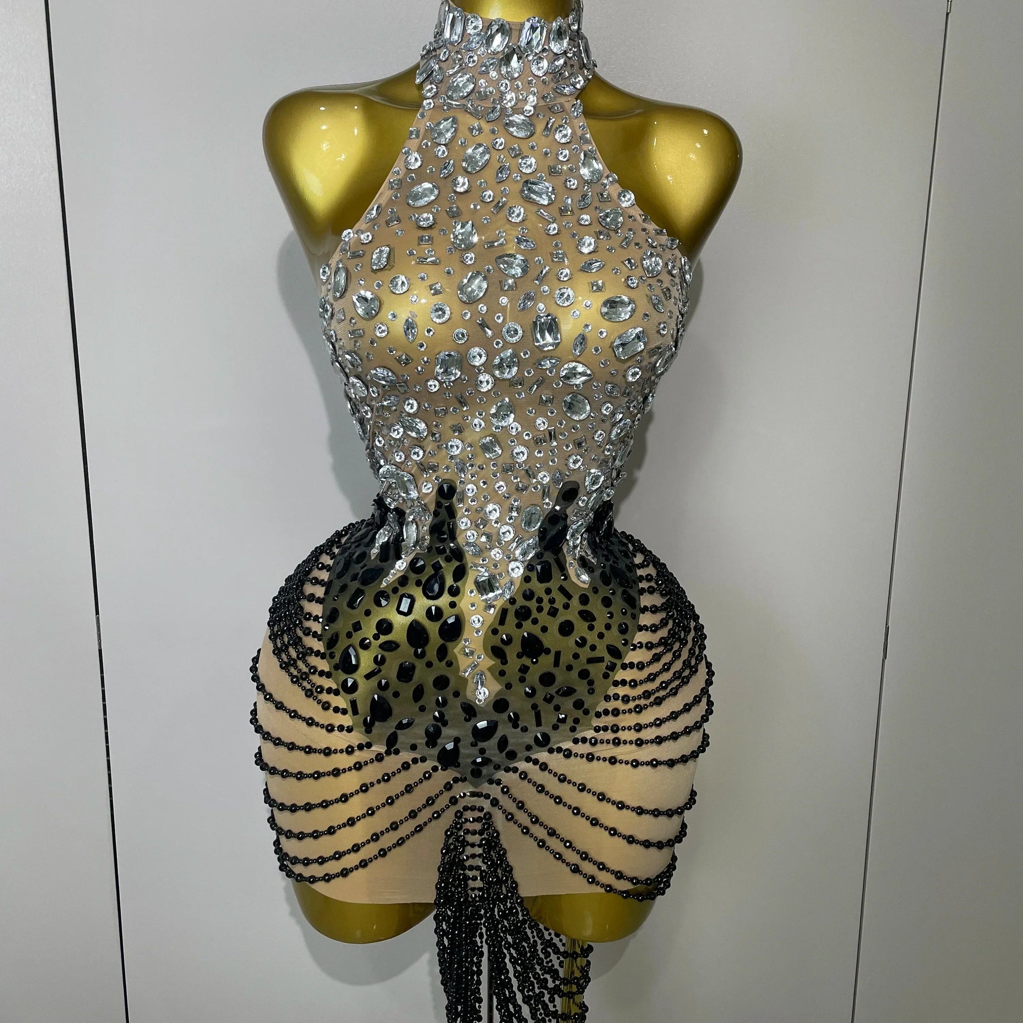 Sparkly Crystals Beading Short Dress Women Sexy Mesh Backless Evening Prom Celebrate Birthday Dress Photo Shoot Wear Silver