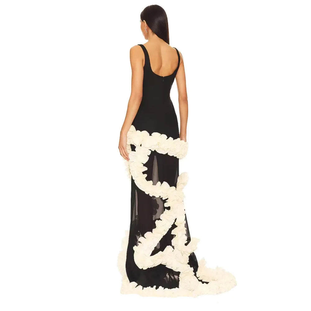 Women Sleeveless Sexy O-Neck Florals Floor-length Bandage Dress Celebrate Birthday Party Photo Shoot Evening Outfit