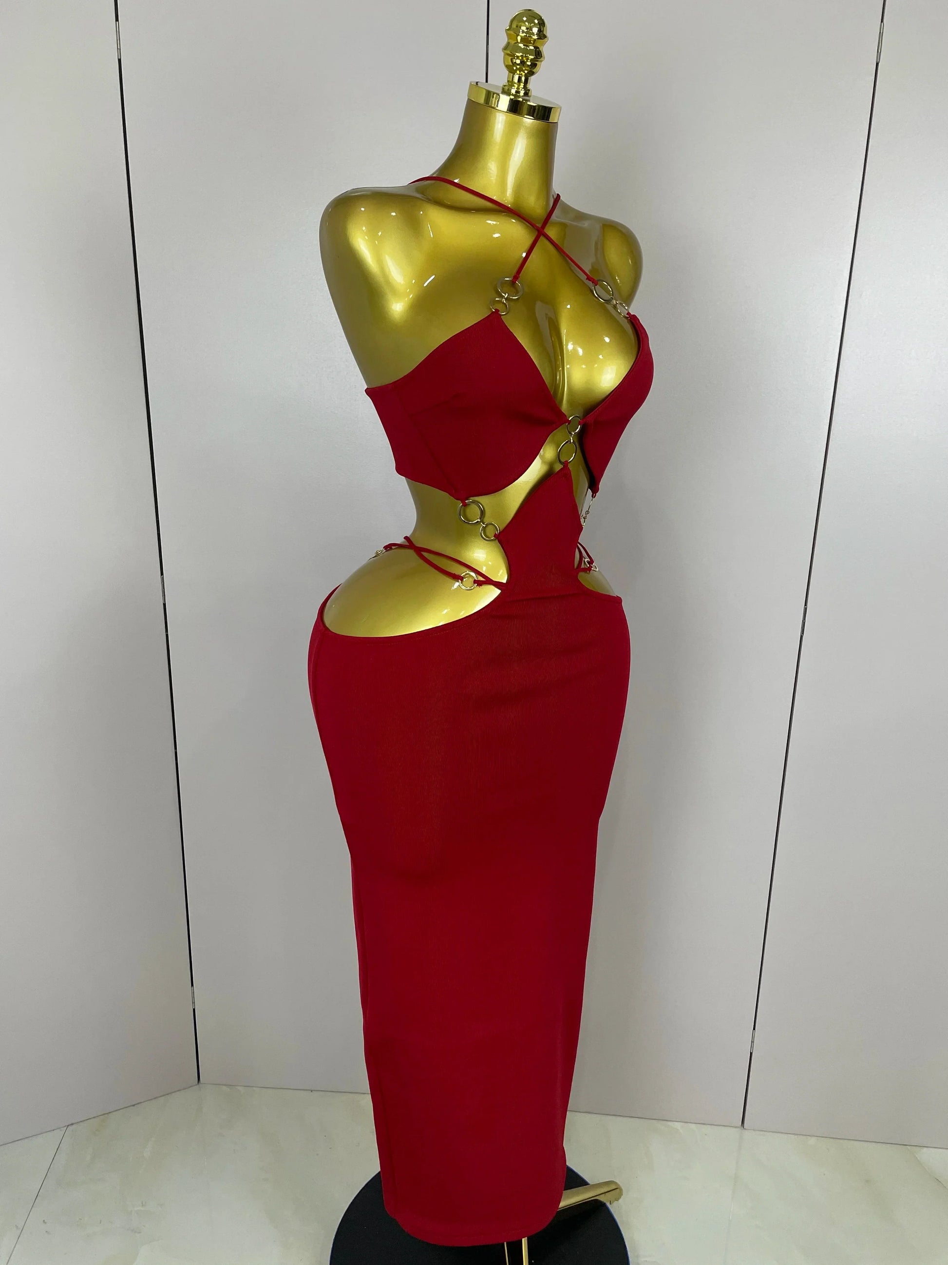 Sexy Halter Hollow Out Sleeveless Black Red Bodycon Long Bandage Dress Women Celebate Elegant Luxury Birthday Club Dress