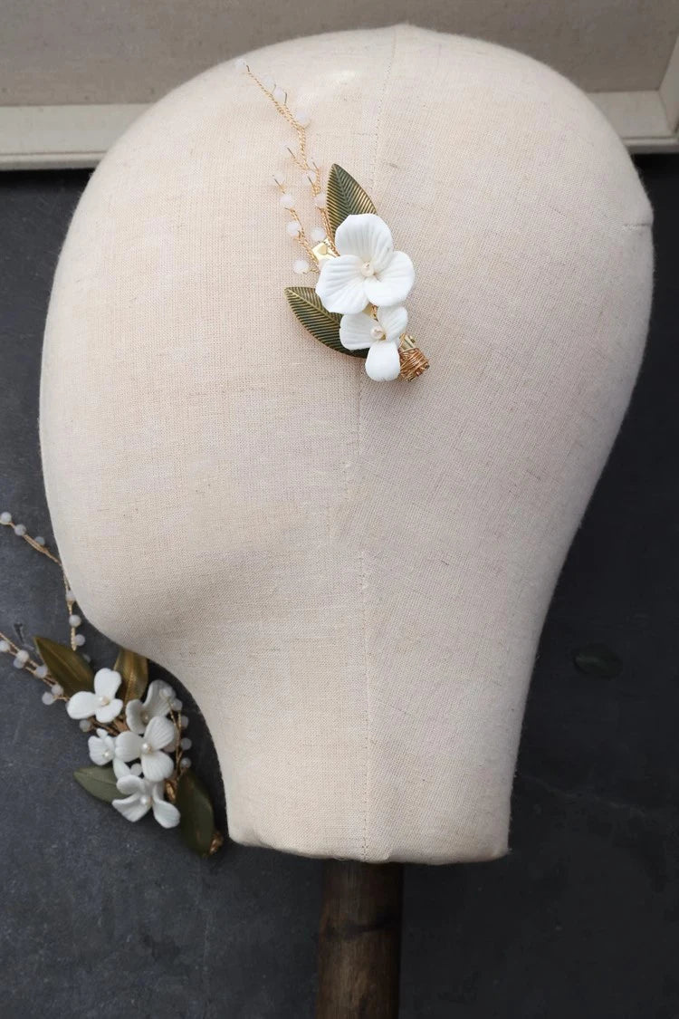 Wedding Accessories Vintage Gold Color Hair Clip Pin Pearl Hairpin For Brides Leaf Porcelain flower Head Piece Bridal Jewelry