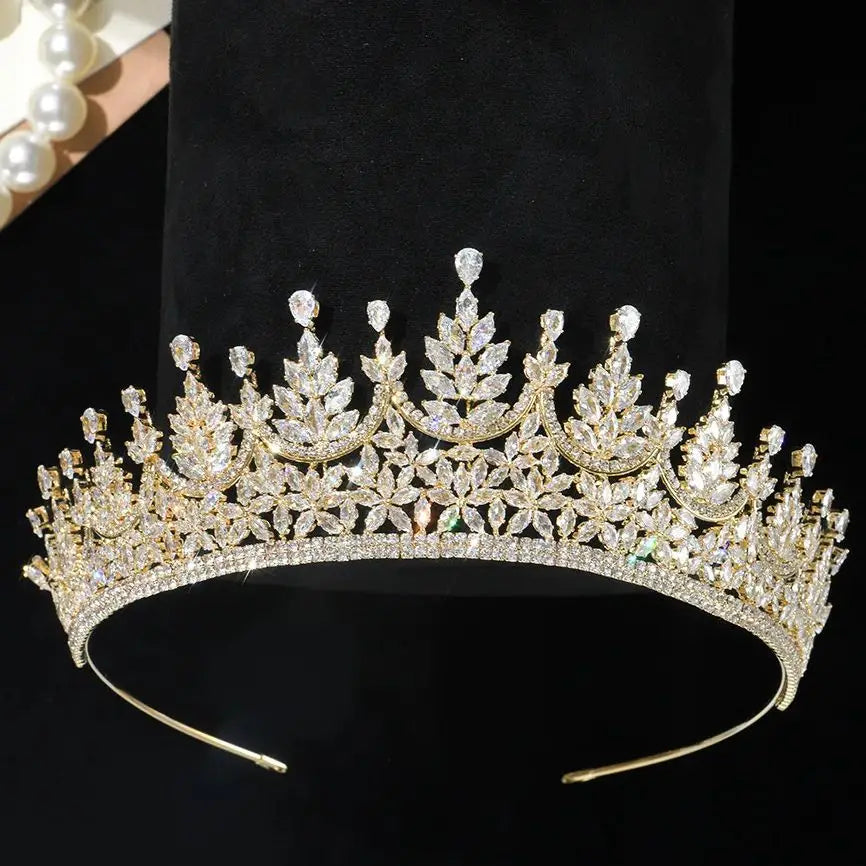 AAA Zircon Tiaras and Crowns CZ Zirconia Diadem Bride Princess Queen Gold Color Headband Wedding Accessories Bridal Hair Jewelry a