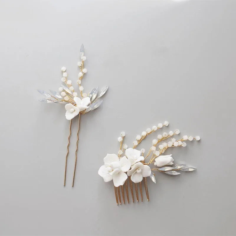 Wedding Accessories Porcelain Flower Head Pieces Opal Hair Comb Pin Clip For Brides Women Gold Color Hairpins Bridal Jewelry c