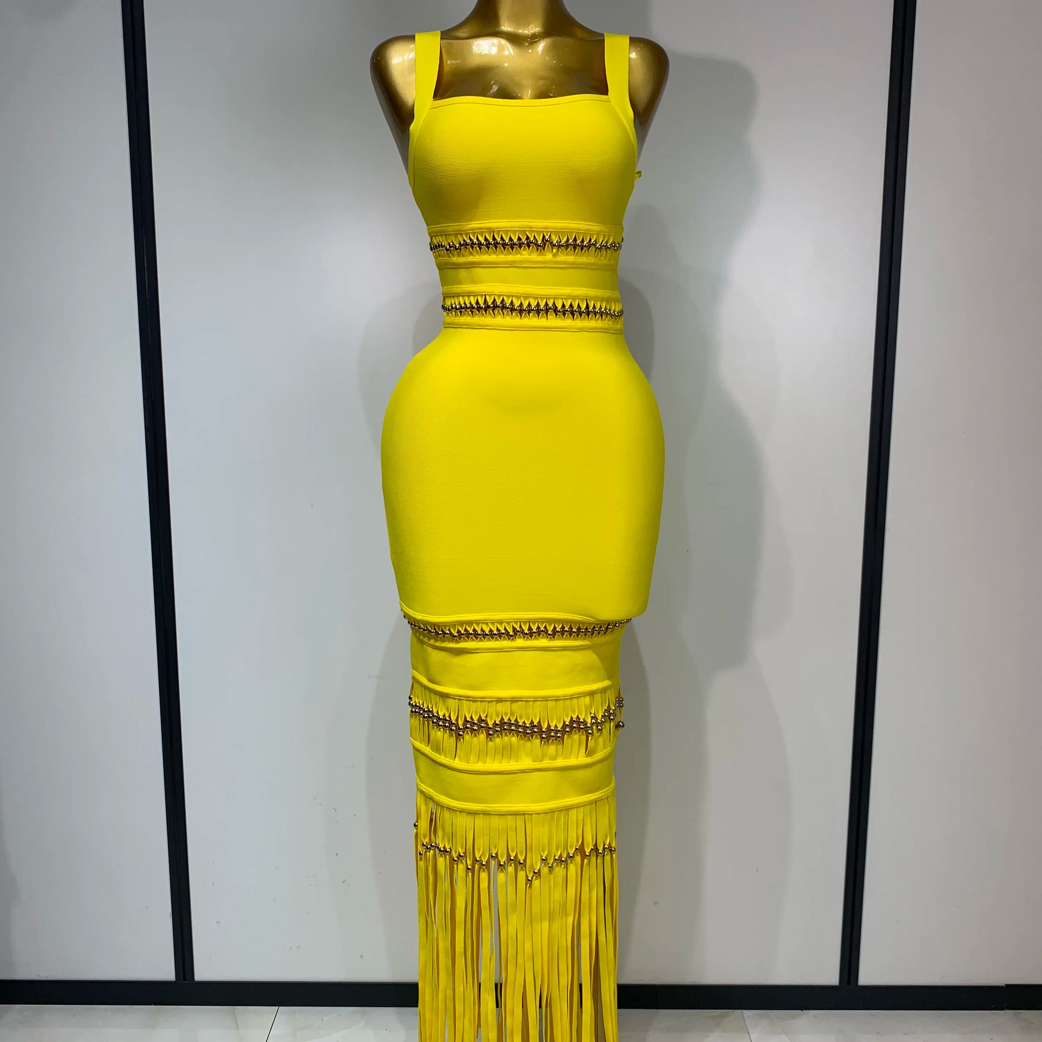 Women Sleeveless Sexy Square Collar Tassel Bodycon Bandage Dress Celebrity Elegant Evening Party High Quality Birthday Dress Yellow