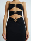 Black Color Women Sleeveless Sexy Strap Fashion Holes Bodycon Mid-calf Dress Bandage Birthday Party Celebrate Dress