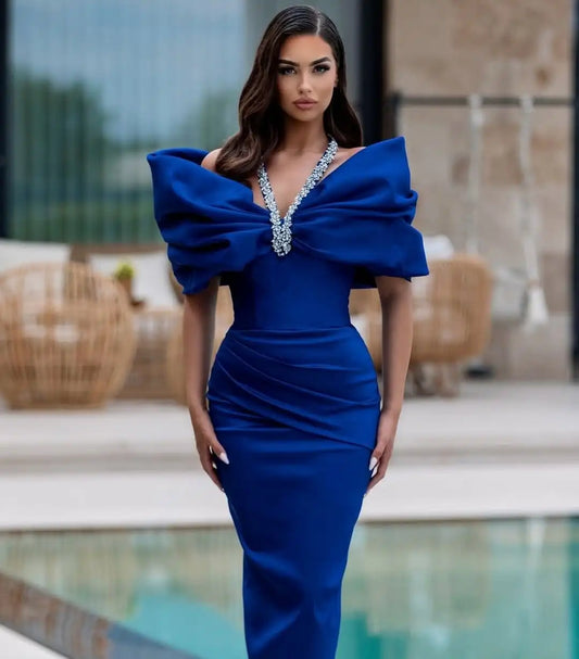Red Blue Women Sexy Off the Shoulder Crystal Halter Bodycon Long Bandage Dress Celebrate Evening Party Cocktail Outfit Blue