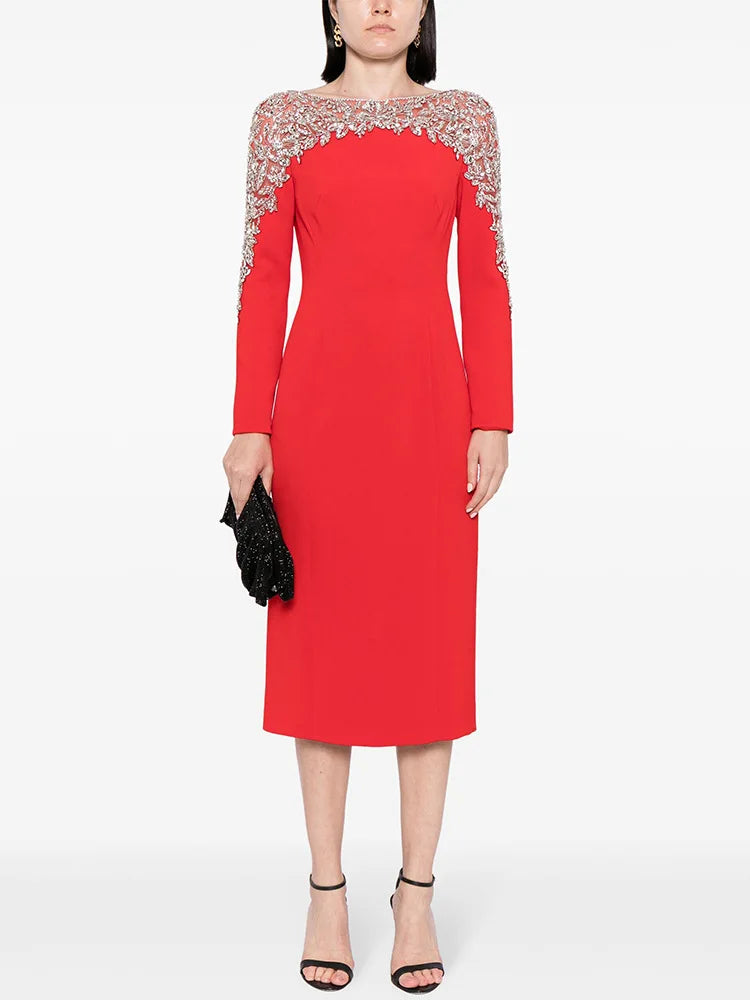 Luxury Black Red Color Women Long Sleeve Beading Handmake Slim Mid-calf Dress Elegant Evening Party Cocktail Outfit Vestido Red