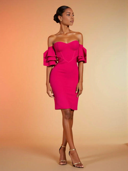 Rosered Color Women Sexy Strapless Ruffles Bodycon Mini Bandage Dress Birthday Party Celebrate Cocktail Dress Vestido